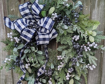 Christmas Wreath, Buffalo Check Winter Wreath, Navy Check Natural Navy Christmas wreath Sparkle Natural Eucalyptus, No Red, Christmas 313