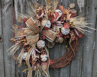 Fall Wreath, Fall Cream Wreath, Fall Boho Wreath, Fall Cream Pumpkin Wreath, Fall Pampas Grass Wreath, Burgundy, Cream, Blue 344