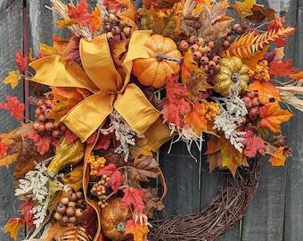 Fall Wreath, Wreath for Fall / Pumpkin Berry Fall Wreath, Gold Bow Fall Door Wreath, Halloween Door Wreath,  LIMITED EDITION 342