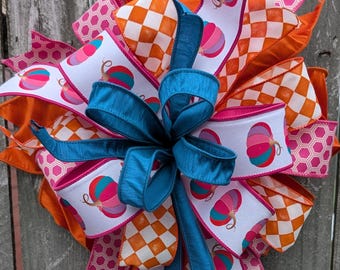 Deluxe Fall Bow, Ribbon Layers Extra Large, for Door Wreath Decorations, Pink Pumpkin, Teal, Orange on Wired Ribbon