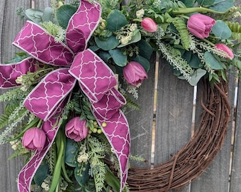 Wreath, Spring Tulip Wreath, Purple Easter Door Decoration, Magenta Front Door Wreath Realistic Artificial