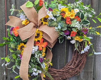 Spring Wreath, Spring/Summer Wreath, Spring Wreath with Bow, Wildflower  Wreath, Summer Wreath, Burlap Bow, Sunflower and Poppy Wreath 2023