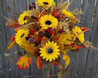 Fall Sunflower Cemetery Cone Vase Insert, Floral Arrangement for fall, Man or Woman, Flat back Vase Filler, Fall Flowers Sunflower Cone