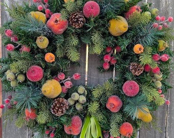 Christmas Wreath, Frosted Fruit Wreath, New Traditional Williamsburg Della Robbia Decoration, Velvet Bow 506*