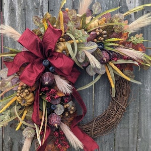 Fall Wreath, Wreath for Fall / Autumn, Harvest Berry Fall Wreath, Burgundy Fall Door Wreath, Halloween Door Wreath, Horn's 350