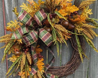 Fall Wreath, Fall Wreaths, Fall Door Wreath, Fall Green Plaid Wreath, Fall Acorn Wreath, Green Yellow Brown 2023