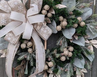 Christmas Wreath, Winter Wreath in Cream and Platinum, Elegant Magnolia Wreath with touch of Sparkle, Large Bow Wreath for Door 462*