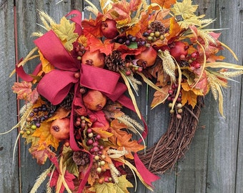 Wreath for Fall / Autumn, Fall Door Wreath, Burgundy, Orange Fruit Autumn Halloween Thanksgiving Wreath Pomegranate  Fall Wreath 345sku