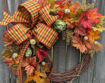 Wreath for Fall / Autumn, Fall Door Wreath, Colorful Elegant Check Ribbon, Autumn Halloween Thanksgiving Wreath  Fall Wreath 348sku