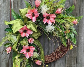 Spring Wreath, Spring/Summer Pink Wreath, Spring Lily Wreath, Summer  Wreath, Fern wreath, Spring Door Wreath 338