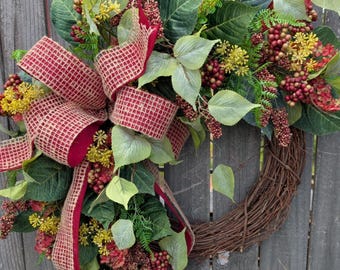 Door Wreath, Burgundy Berries Everyday Wreath, Wreath for Summer, Spring, Fall Wreath, Year long Wreath, Front Door Wreath 441