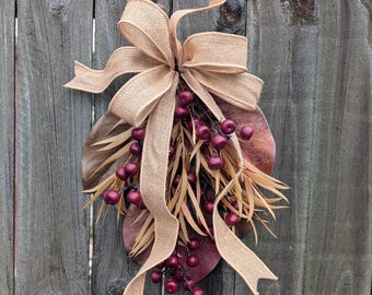 Fall Magnolia Leaf Swag, Rustic Autumn Lantern Swag, Small Swag for Fall Decorating, Burgundy and Cream*