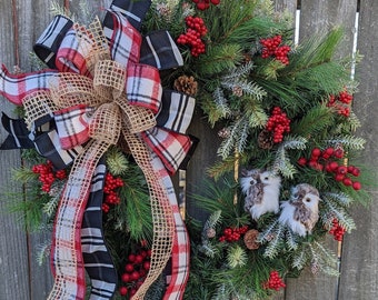 Christmas Wreath, Holiday Wreath, Owl Wreath, Black, White Plaid ribbon, Front Door Wreath, Front Door, Red Berries, Christmas Wreath 304