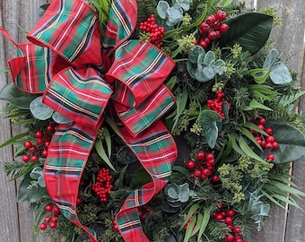Christmas Wreaths / Holiday Door Wreath, Natural Eucalyptus Berry Christmas Wreath / Christmas Wreath, Plaid Wreath, Traditional Wreath 307