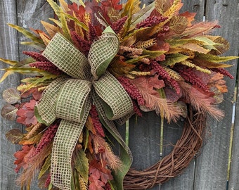 Fall Wreath, Wreath for Fall / Autumn, Harvest Berry Fall Wreath, Burlap Green Bow Fall Door Wreath, Halloween Door Wreath, Horn's