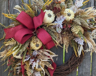 Fall Wreath, Fall Harvest Wreath, Fall Pumpkin and Husk Wreath, Fall Burgundy LIMITED EDITION Cream, Corn Husk 346sku