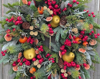 Christmas Wreath - Williamsburg Style Christmas Wreath with Fruit and Berries - Christmas Fruit Wreath 469*