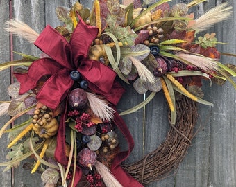 Fall Wreath, Wreath for Fall / Autumn, Harvest Berry Fall Wreath, Burgundy Fall Door Wreath, Halloween Door Wreath, Horn's 350