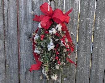 Christmas Swag, Medium Door Swag, Cotton Red Ribbon and berries Holiday Decor, Swag for Back Door, Santa Baby, Farmhouse, Cotton Sparkle