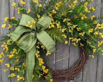 Forsythia Spring Wreath, Yellow Bell and Fern Door Wreath, Artificial Floral Wreath, Simple Summer Yellow Wreath 473*