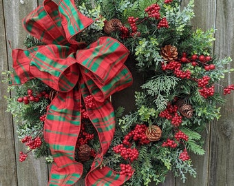 Christmas Wreath, Christmas Door Wreath, New Traditional Plaid Winter Natural Wreath Christmas wreath Wreath Door, Boxwood Christmas 296