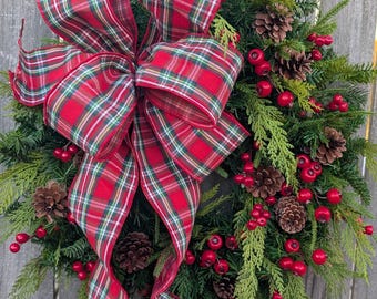 Christmas Wreaths / Traditional Christmas Red Velvet Bow Christmas Wreath, Christmas Door Wreath, Plaid Tartan Large Bow 501*
