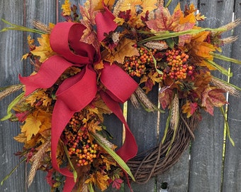 Fall Autumn Berries Leaves Red Bow Bright Fall Wreath for Front Door, Halloween Harvest Wreath for Front Door, Home Decor, Gift 352