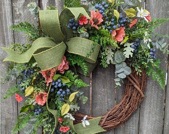 Spring Wreath, Spring/Summer Wreath, Spring Wreath coral, navy, Wreath, Summer  Wreath, Blueberries wreath, Spring Door Wreath