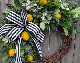 Lemon Lavender Wreath, Black and White Stripe Door Wreath, Artificial Floral Wreath, Simple Summer Yellow lemon Wreath 479*