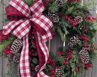 Christmas Wreath, Cozy Plaid Holiday Wreath, Buffalo Check, Pinecones, Cypress, and Berries, Festive Christmas Wreath 500*