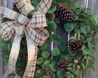 Christmas Wreath, Unique  Everyday Christmas Wreath, Pinecones, Eucalyptus, All winter Long, green plaid, Value Wreath Limited Edition