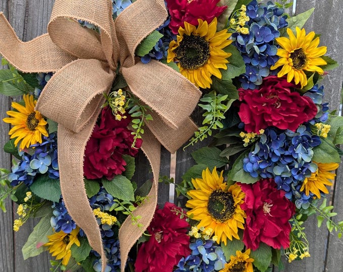 Featured listing image: Sunflower Wreath, Spring Peony Hydrangea, Red, Yellow, Blue, Front Door Decor for Summer 484*