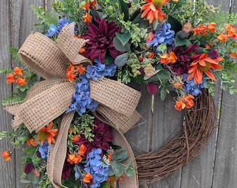 Spring Wreath, Spring Orange Wreath, Deep Purple Dahlias Wreath, Front Door Wreath, Mothers Day Gift, Wreath for Spring, Wreath 481*