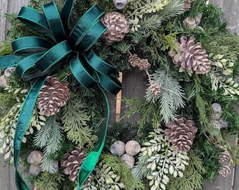 Wreath for Door, Christmas Emerald Green Crushed Velvet Bow, Christmas Wreath for All winter Long, No Red, Natural Elegance Wreath 463*