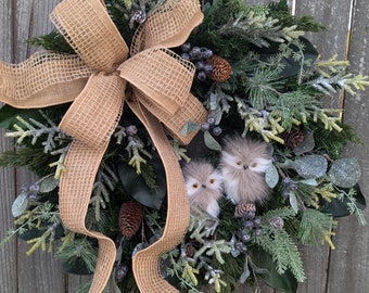 Christmas Wreath, Owl Burlap Winter Wreath, Woodland Natural Christmas Wreath Navy Berry Evergreen Wreath, Fuzzy Owls, Christmas 416