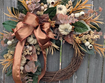 Fall Wreath, Fall Magnolia and Pumpkin Wreath, Fall Velvet Bow Door Wreath, Rust, Cream, Brown Door Wreath  440