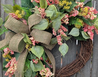 Wreath, Pink Berries Everyday Wreath, Wreath for Summer, Spring, Touch of Pink Wreath, Year long Wreath, Front Door Wreath 440