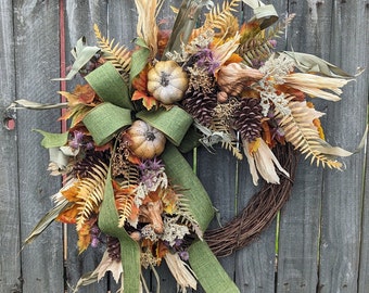 Fall Wreath, Fall Pumpkin Wreath, Fall Leaf Wreath, Fall Pumpkin Bow Wreath, purple, Muted Colors Fall Wreath, Cream Pumpkins 341