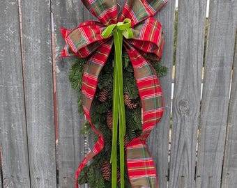 Christmas Swag, Unique Teardrop Door Hanging, Multicolor plaid and floppy velvet, Realistic Greenery, Pine Cones, Swag 39*