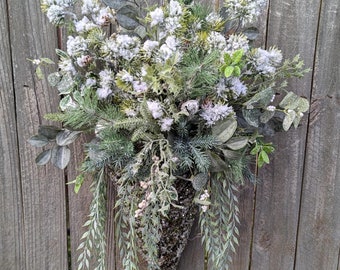 Winter and Christmas Wall Basket, Door Basket Arrangement for Christmas, Tall Snowy Flocked Door and Wall Decor, Christmas, All winter long