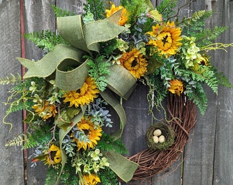 Summer Sunflower Wreath, Spring / Summer Wreath, Burlap Wildflower Farm Wreath, Door Wreath, Yellow Flower Wedding decor wreath 337