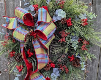 Christmas Wreath, Holiday Wreath, Plaid Christmas Bow, Juniper Eucalyptus Wreath, Front Door Wreath, Christmas Turquoise apple green 299