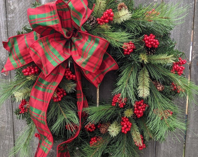 Featured listing image: Christmas Wreath, Plaid Holiday Wreath, Red and Green Natural Christmas wreath Berries Natural Holly, Red Berries, Christmas