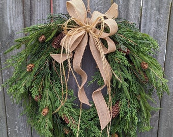 Wreath, Christmas Winter Door Wreath, Simple Burlap All Winter Long Natural Wreath No Red, Wreath for Door, Christmas, READY TO SHIP