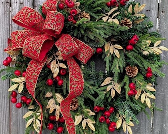 Christmas Wreath, Elegant Red and Gold Wreath, Christmas Door wreath, Red Berries, Red Gold Unique Christmas Bow, Etsy Wreath 453*