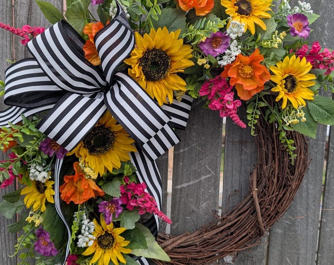 Featured listing image: Sunflower Wreath, Spring Colorful Wreath, Black and White Stripe Bow Pink, Yellow, Blue, Front Door, Wreath Spring and Summer, Sunflower 480
