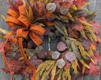 Fall Wreath, Fall Leaf Wreath,  Muted Autumn Colors, Small Bow, Halloween Thanksgiving Decor