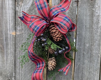 Christmas Tiny Swag, Small Lantern Swag, Christmas Decor, Swag for Light, Chair Back, Cypress, Navy, Red Plaid swag  Home for the Holidays*