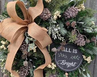 Christmas Winter Wreath, "All is Calm" Winter Wreath, Cozy Natural Christmas wreath Sparkle Mistletoe Pinecone, No Red Christmas 450*