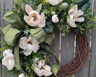 Magnolia Wreath, Realistic Cream Magnolia Spring Door Wreath, Wreath for Spring and Summer, Green Bow 472